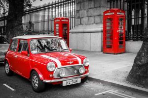Classic London: Red Mini Cooper and Telephone Booths wall art