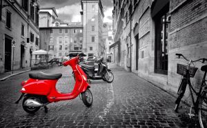 Vibrant Red Scooter in Urban Alleyway wall art