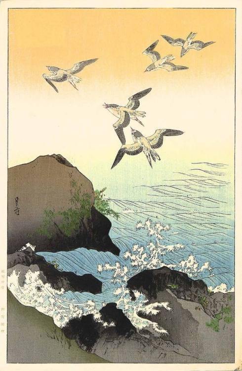 Yoshimoto Gesso: Swallows and Waves, 1930 premium reproduction