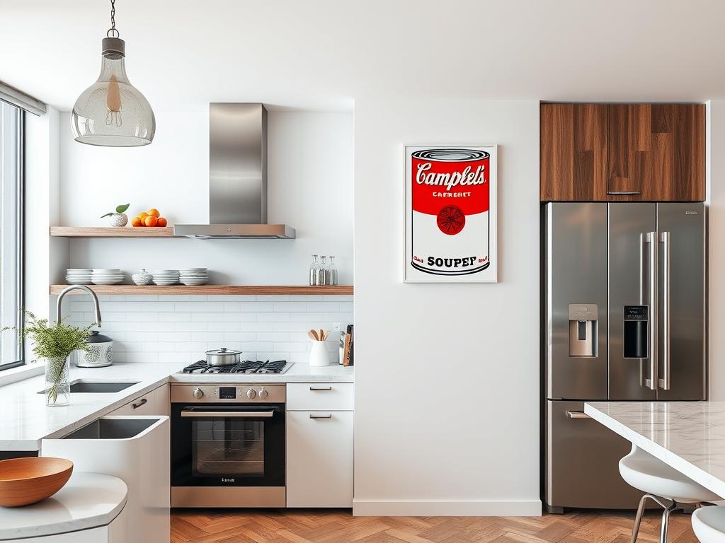 Andy Warhol Campbell's Soup print in a kitchen setting