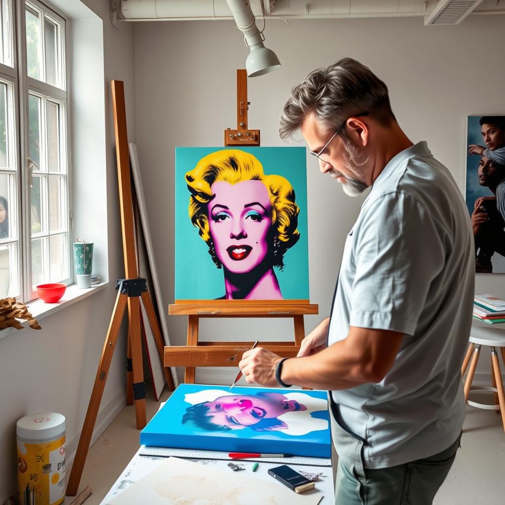 Artist at Poppins Shop creating an Andy Warhol print reproduction
