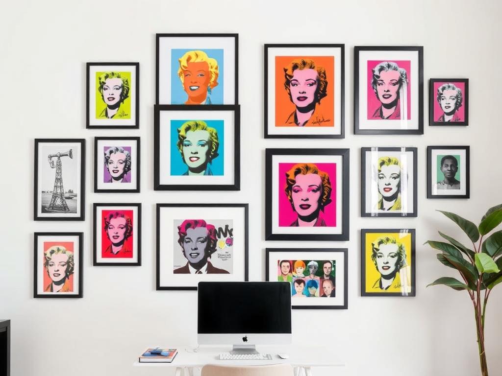 Gallery wall featuring multiple Andy Warhol prints
