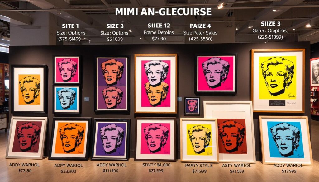 Various customization options for Andy Warhol prints including different sizes and framing options