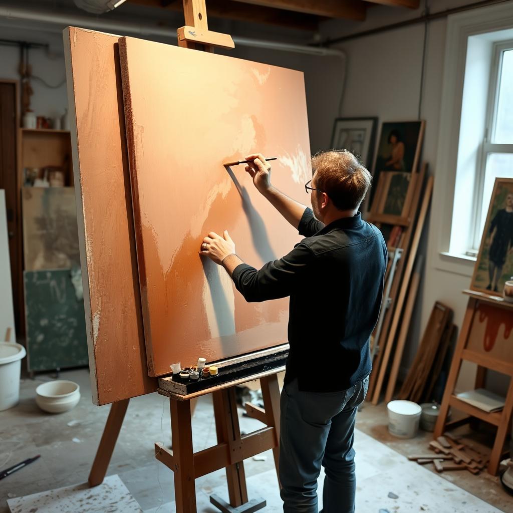 Artist creating a custom large wall canvas painting in Poppins Shop studio