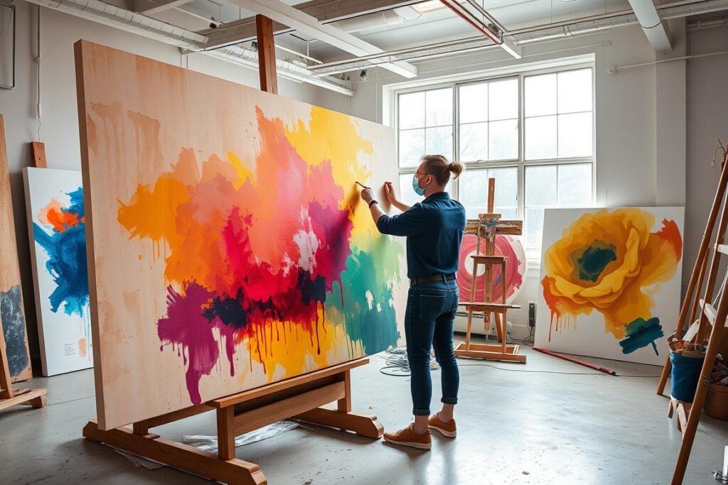 Artist in Poppins Shop studio working on a large wall canvas painting with vibrant colors