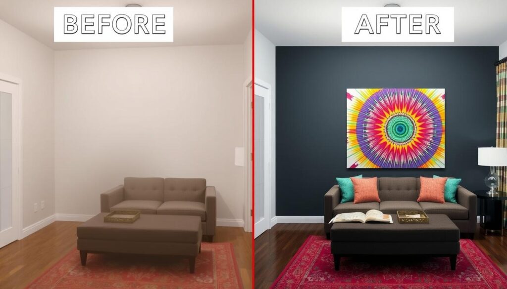 Before and after transformation with large wall art