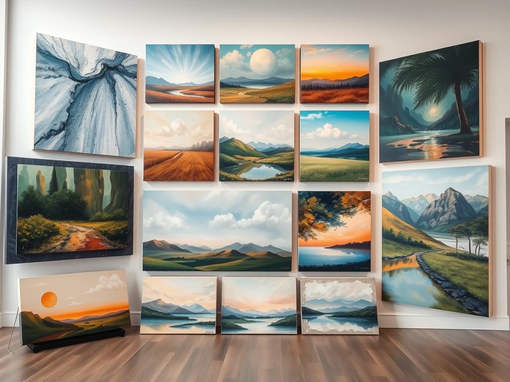 Collection of different large wall canvas painting styles including abstract, landscape, and contemporary designs
