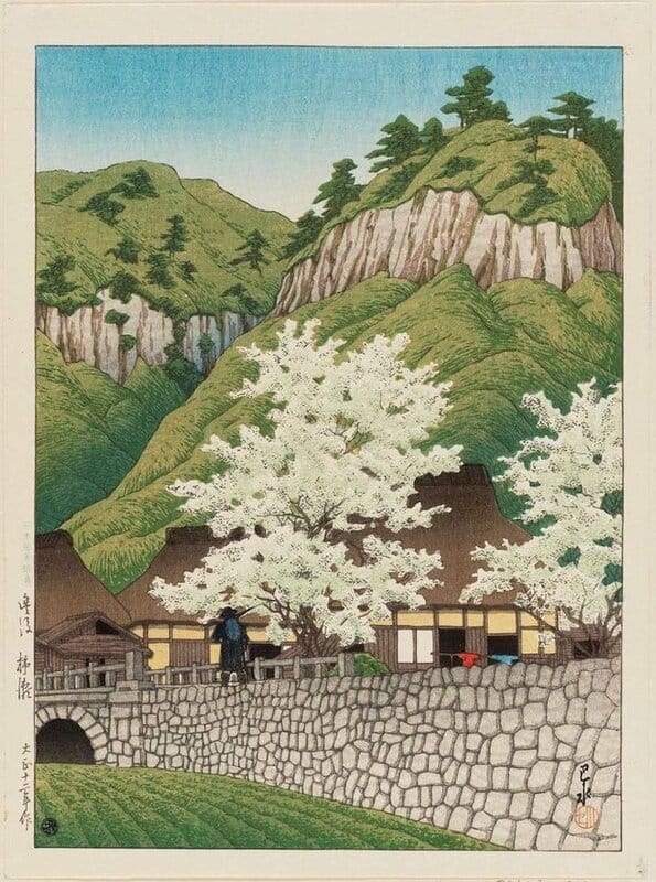 Kawase Hasui, Cherry Trees at Kakise, Bungo Province, 1923