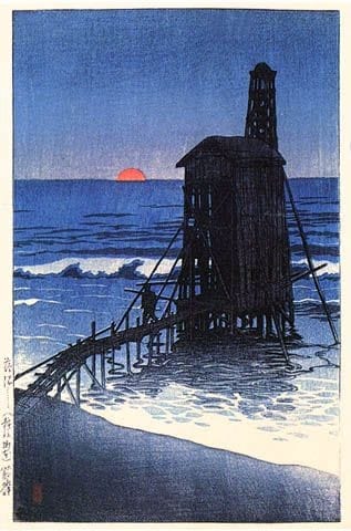 Kawase Hasui, Sunset at Gomoto, Echigo, 1921