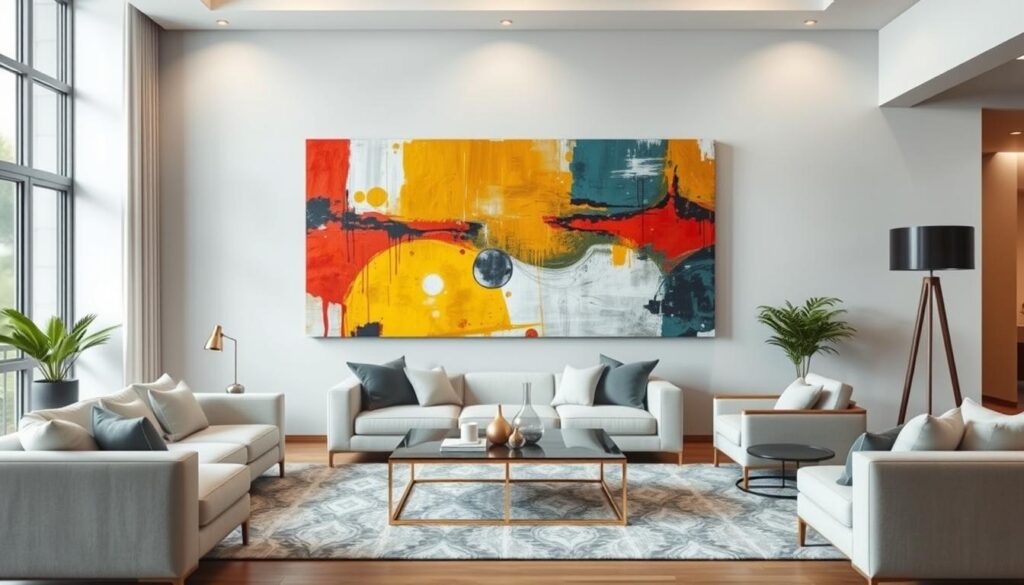 Large abstract wall canvas painting creating a focal point in a modern living room