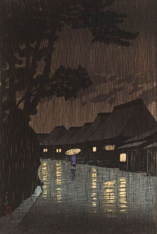 Sochu Kawese Hasui, Rain at Maekawa, 1932