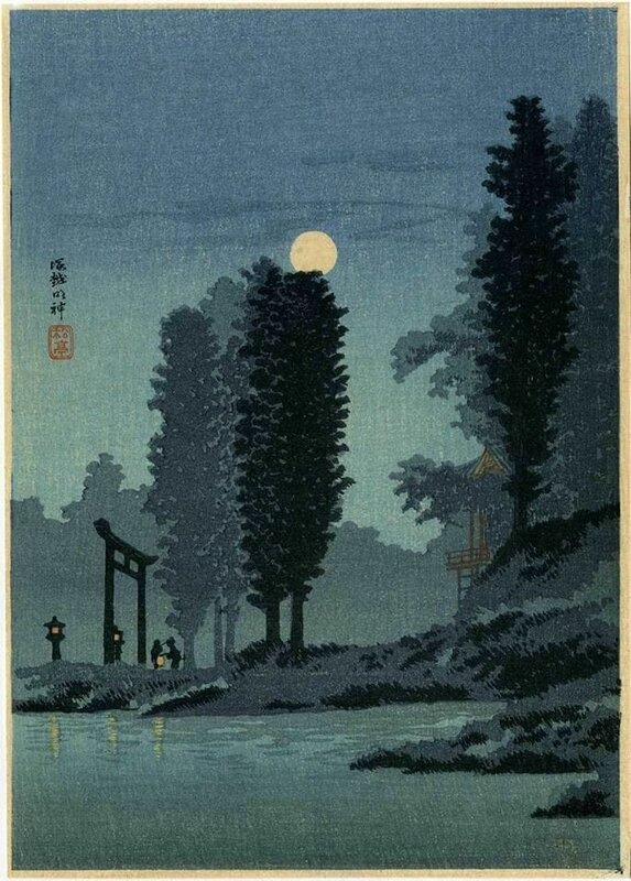 Takahashi Shotei, Moonrise at Tsukagoshi Myojin Shrine, 1936