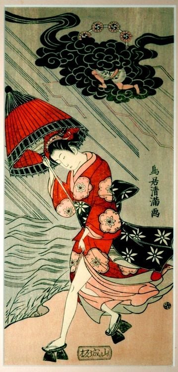 Torii Kiyomitsu I, Woman with an umbrella in a storm
