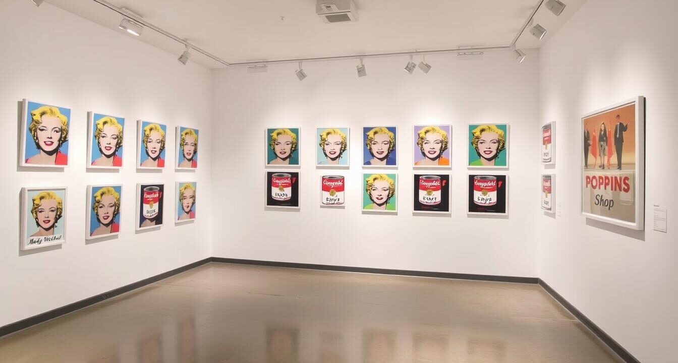 Collection of authentic Andy Warhol prints including Marilyn Monroe and Campbell Soup Cans displayed in Poppins Shop gallery