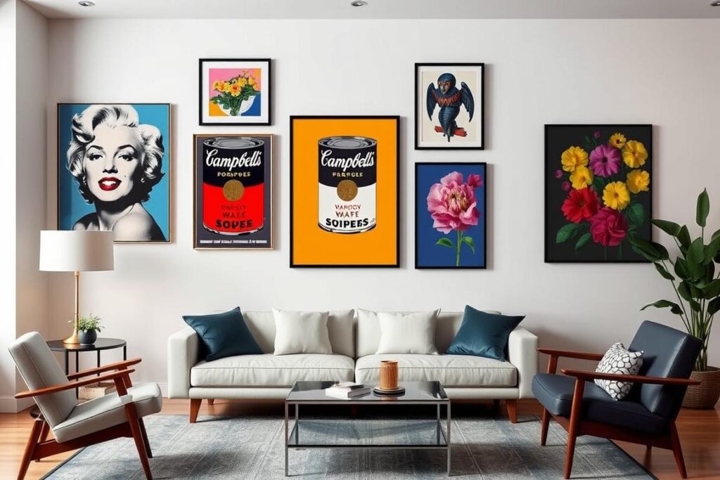 Gallery wall featuring Andy Warhol prints in modern living room