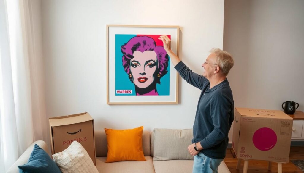 Happy customer displaying their newly purchased Andy Warhol print from Poppins Shop