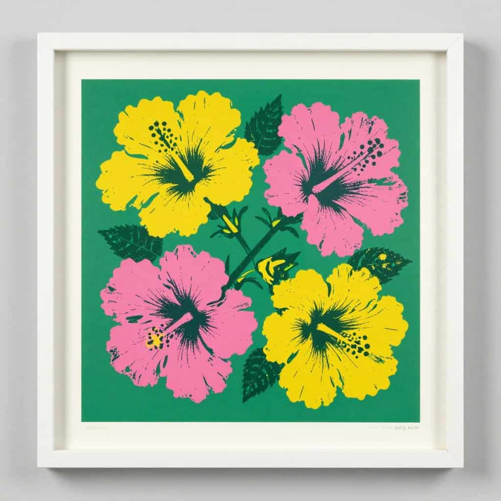 Andy Warhol's colorful Flowers print with bright pink and yellow blooms