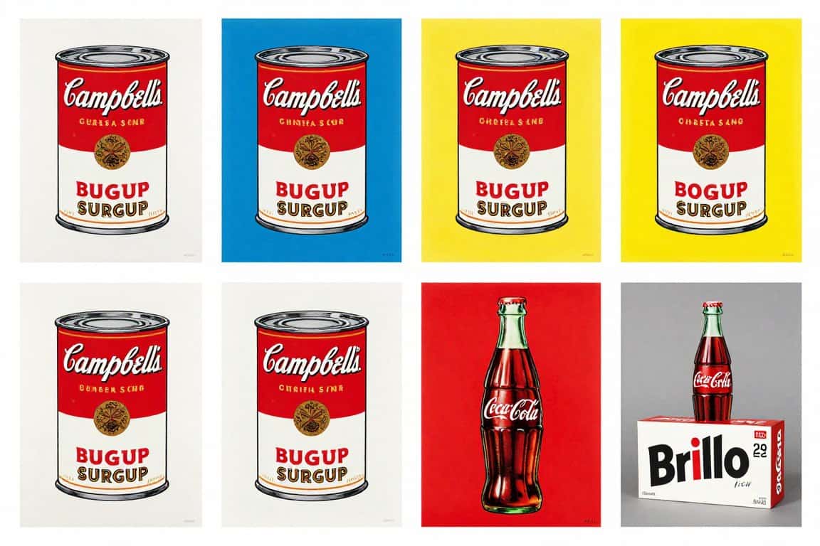 Andy warhol consumer product prints including Campbell's Soup cans and Coca-Cola bottles