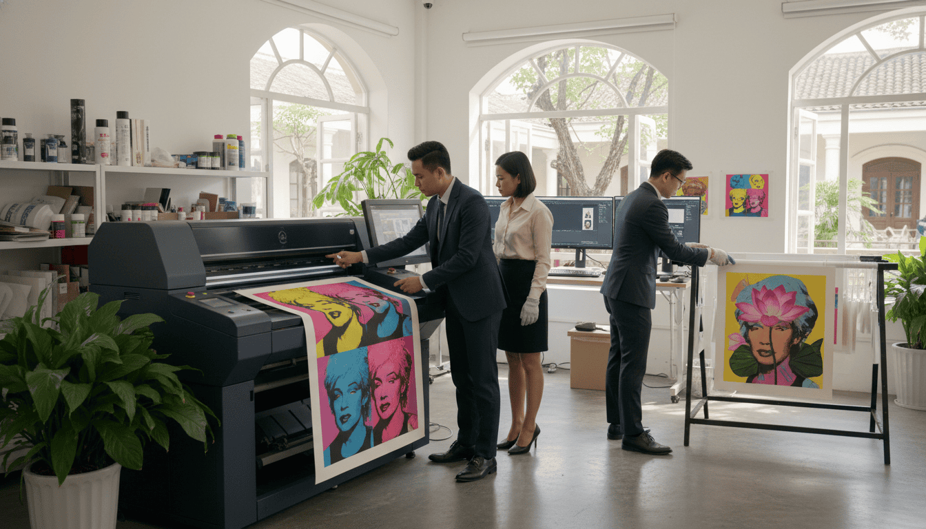 Artist in Vietnam studio creating high-quality andy warhol print reproductions