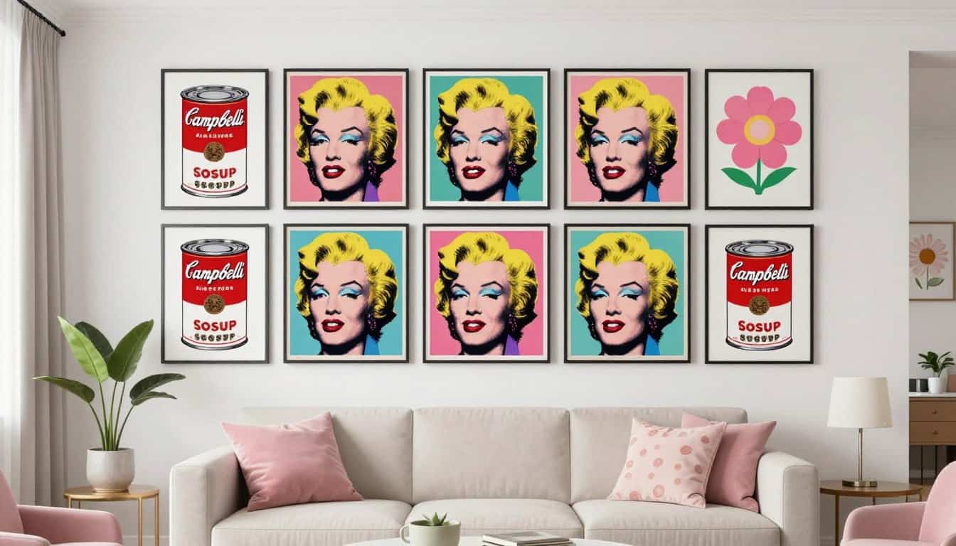 Collection of colorful andy warhol prints featuring Marilyn Monroe, Campbell's Soup cans, and flowers arranged in a gallery wall