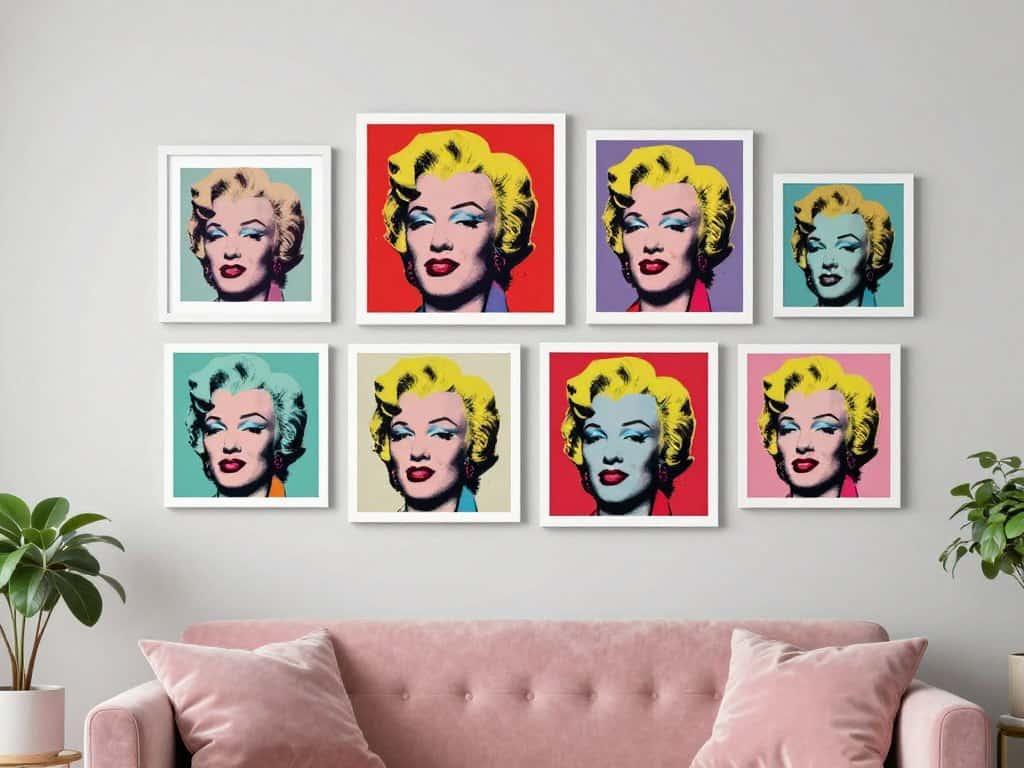 Gallery wall featuring multiple andy warhol prints in a living room
