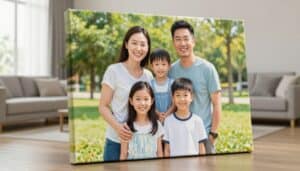 High-quality canvas print of a family photo displayed in a living room