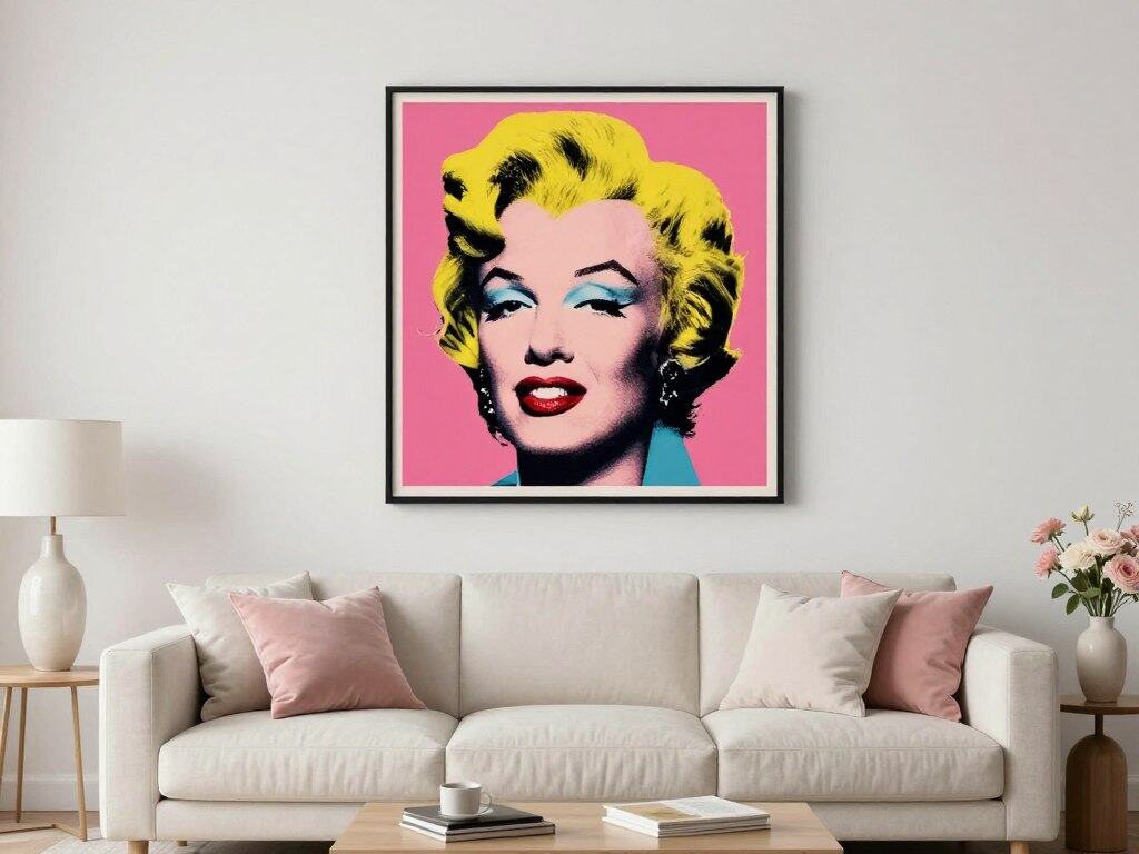 Large andy warhol print as a statement piece above a sofa