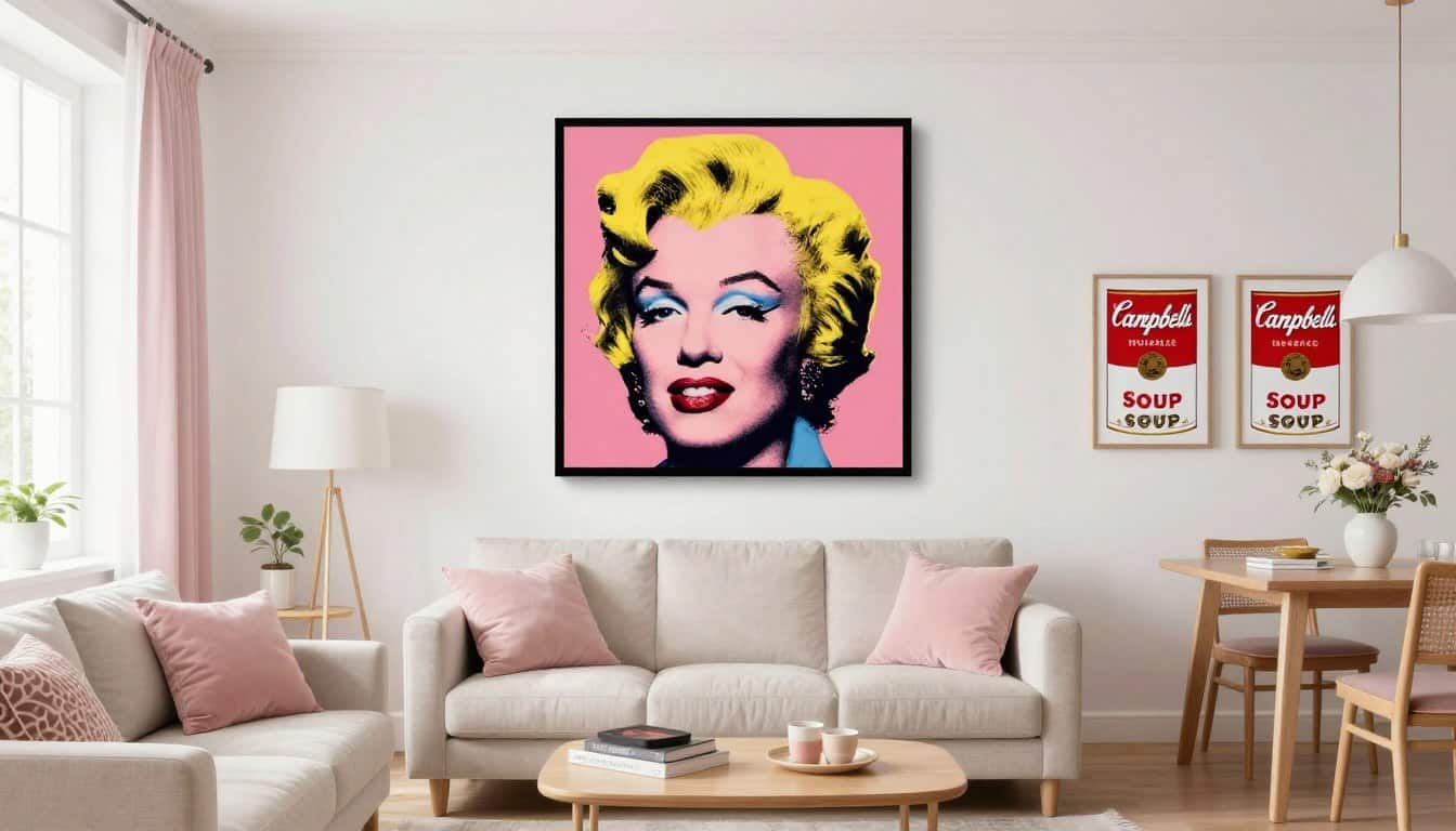 Stylish living room featuring andy warhol prints as the focal point of the decor