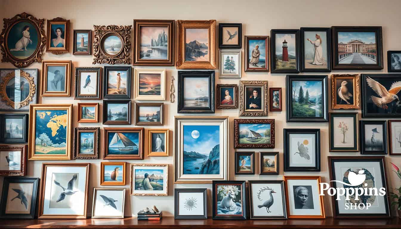 Decorative framed art wall display with diverse artwork and photographs for stylish interior design.