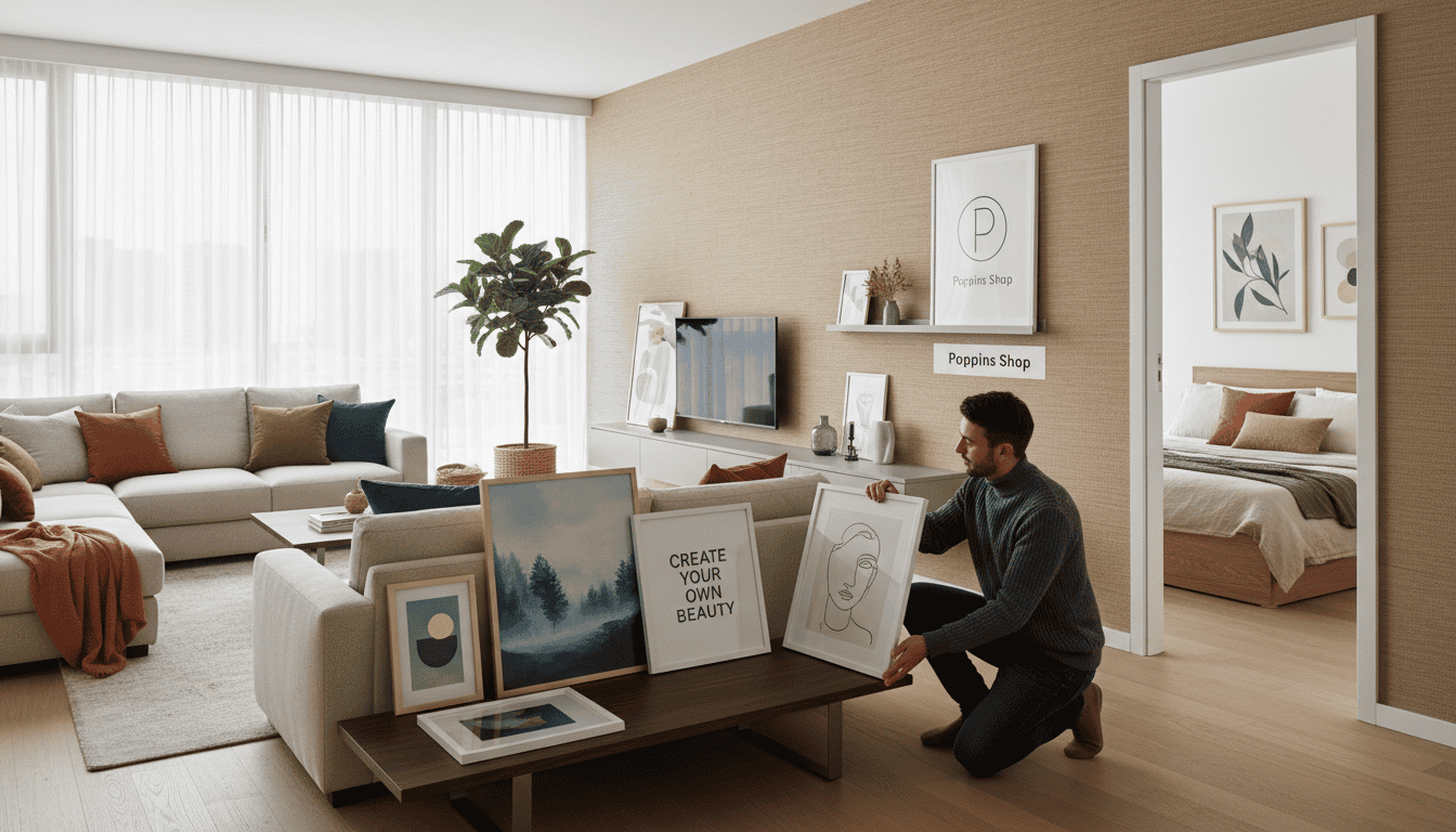Elegant modern wall art arrangement in a contemporary living room setting.
