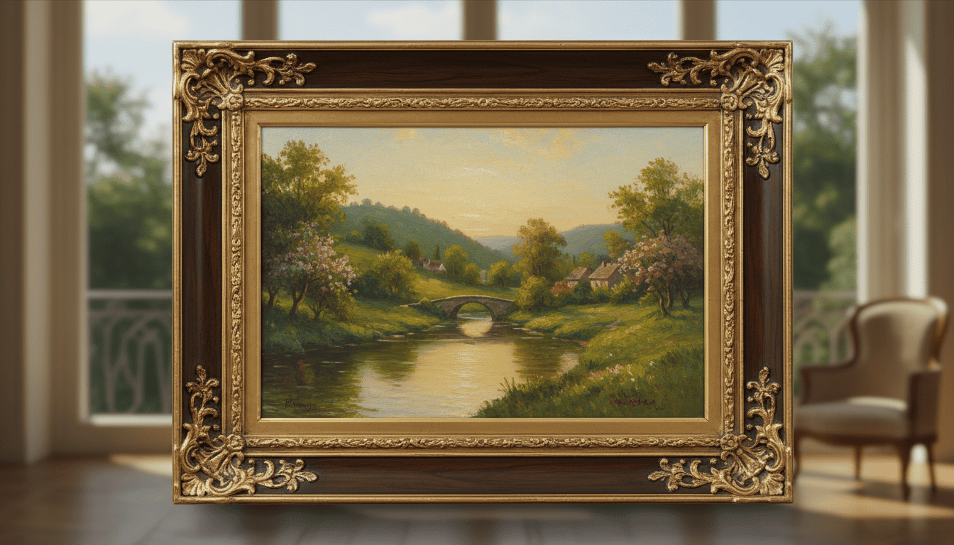 Beautiful framed landscape canvas art featuring a serene river scene with trees and a bridge, perfec.