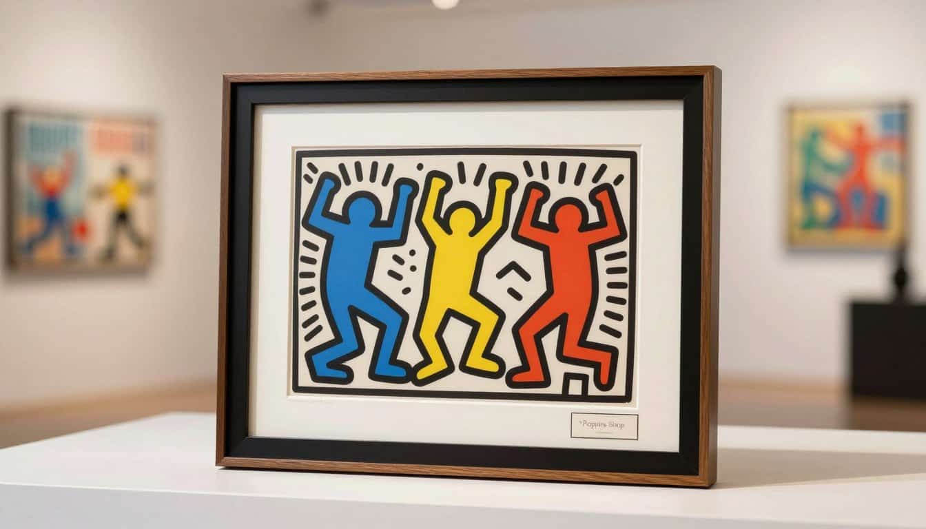 A beautifully framed piece of Keith Haring art displayed prominently. In the foreground, a stylish wooden frame, featuring a black matte finish that highlights Haring's vibrant colors. In the middle, a section of the artwork with Haring’s iconic bold lines and figures, bathed in natural light that accentuates its playful energy. The background includes a softly blurred, modern gallery environment with neutral tones to create a serene atmosphere. The lighting is bright yet soft, giving a warm feel that enhances the visual impact of the artwork. An elegant label at the bottom reads "Poppins Shop," subtly integrated into the scene. The overall mood is artistic and inviting, perfect for showcasing Haring's unique style. Keith Haring canvas print, colorful pop art artwork for modern home decor.