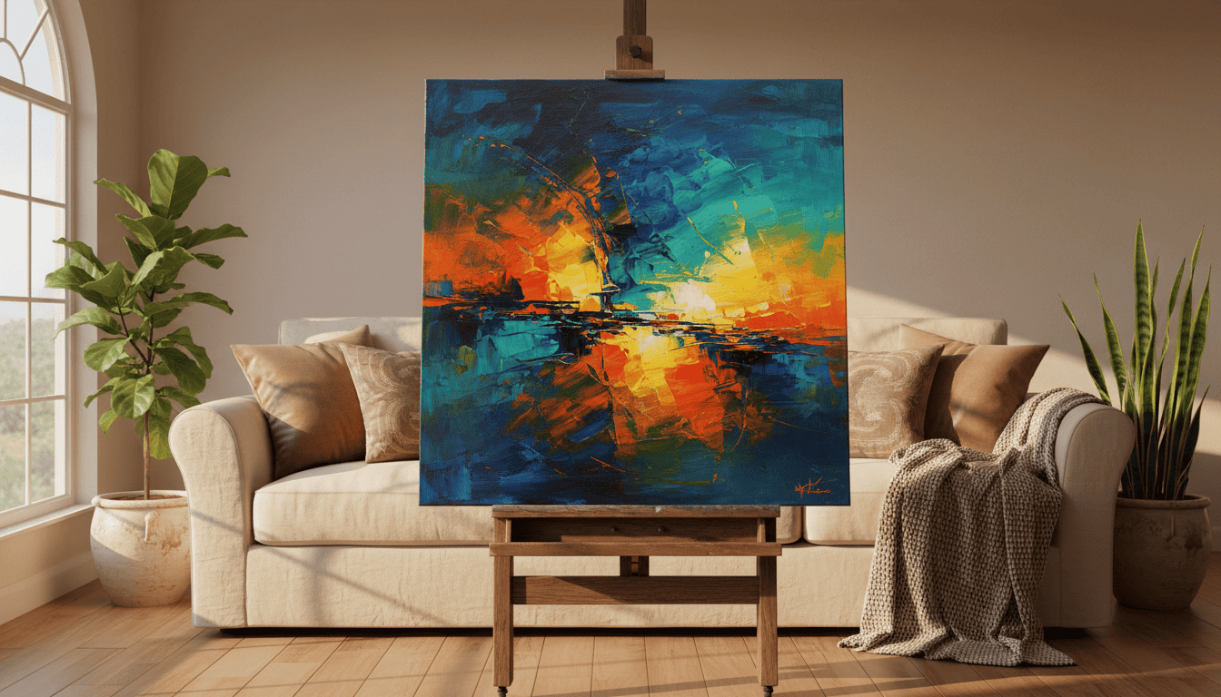 Abstract colorful wall art for living room or office spaces.
