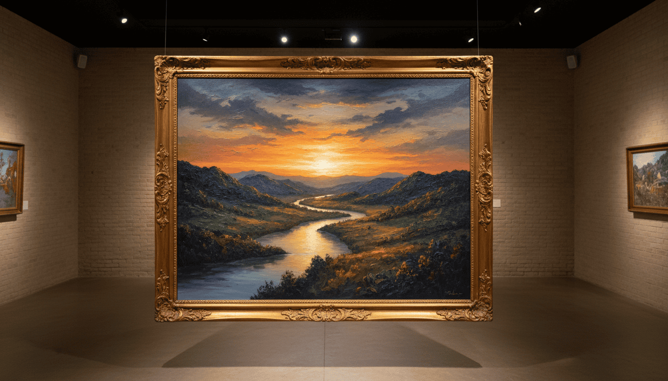 Sunset landscape canvas print featuring a river flowing through mountains, perfect for home or galle.