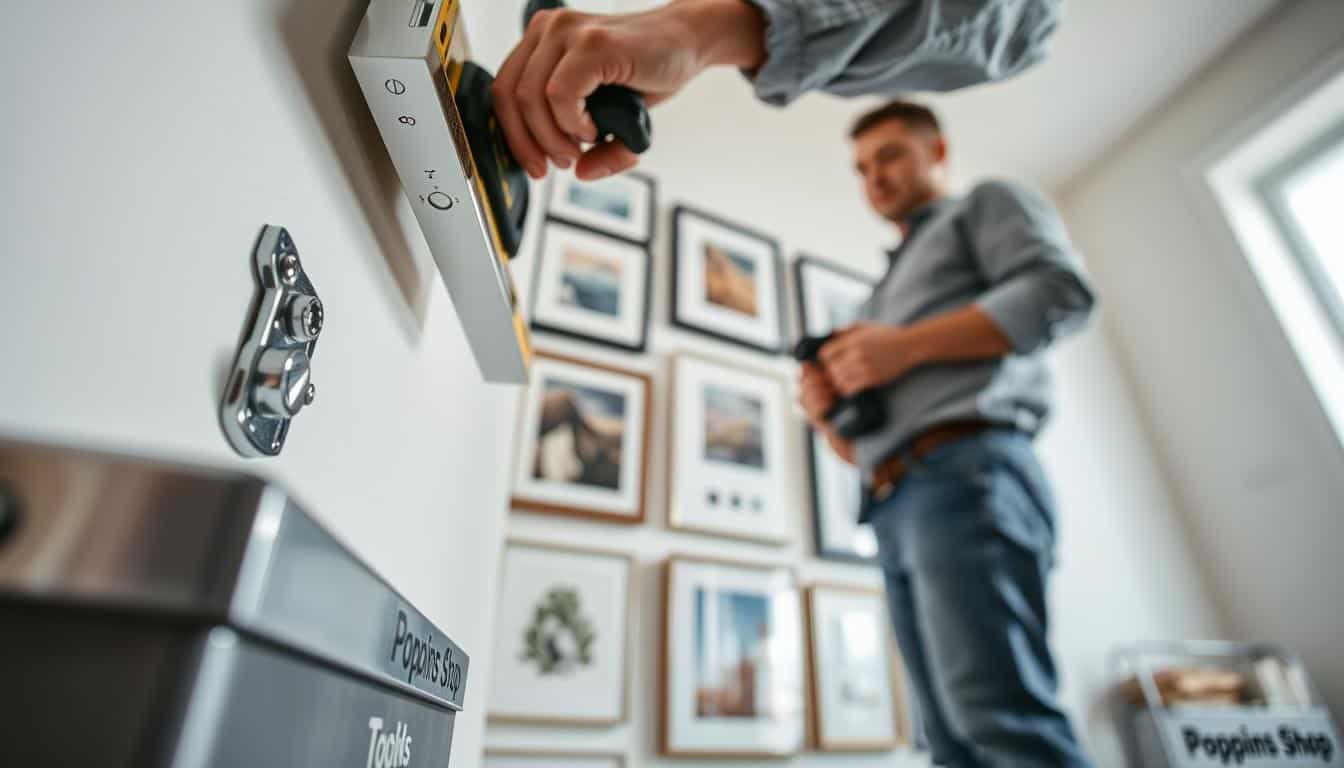 Man hanging framed art on wall with gallery wall arrangement tips.