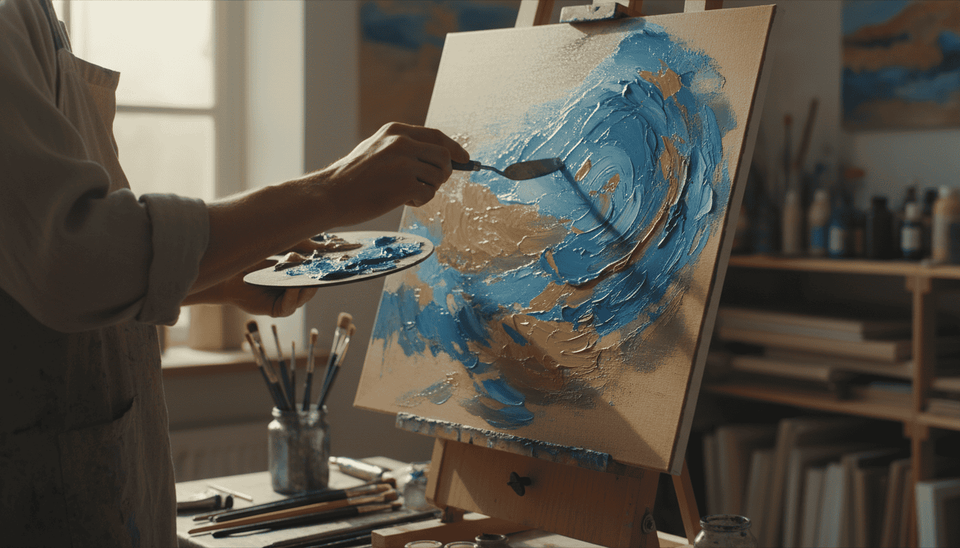 A close-up view of an artist's hands gently hand-curing vibrant oil paint on a textured canvas, showcasing a meticulous craftsmanship process. The scene is set in a softly lit studio, with warm, golden light highlighting the rich colors and glistening textures of the paint. In the foreground, the artist's hands, elegantly positioned, hold a palette knife, carefully mixing shades of deep blue and warm ochre. The middle ground features a partially completed, large wall art piece hanging on an easel, with paint splatters and tools scattered around, evoking a creative atmosphere. The background reveals shelves filled with art supplies, fostering an inviting, artistic ambiance. The image embodies a sense of dedication and artistry, reflecting the excellence of Poppins Shop craftsmanship. Artist creating large abstract wall art to enhance small spaces with a grand feel.