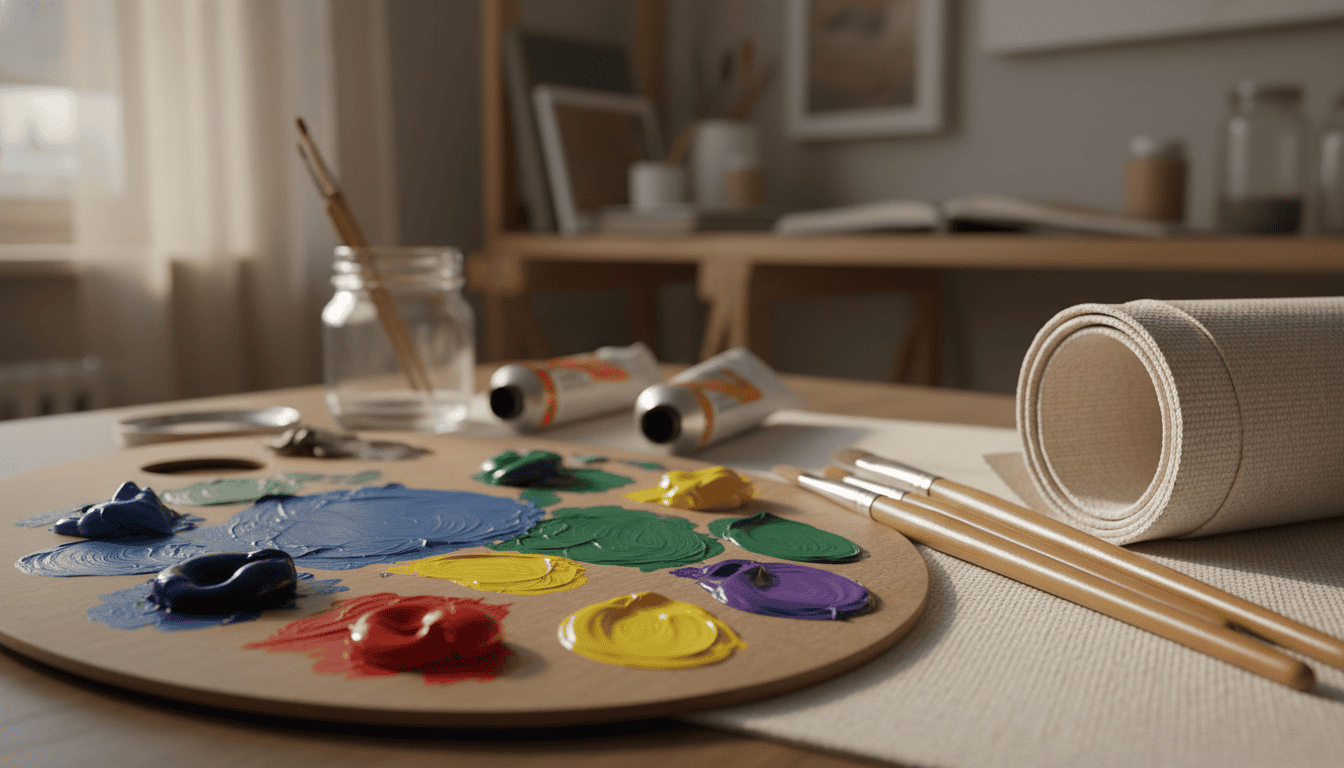 Colorful paint palette with brushes and canvas for wall art projects.