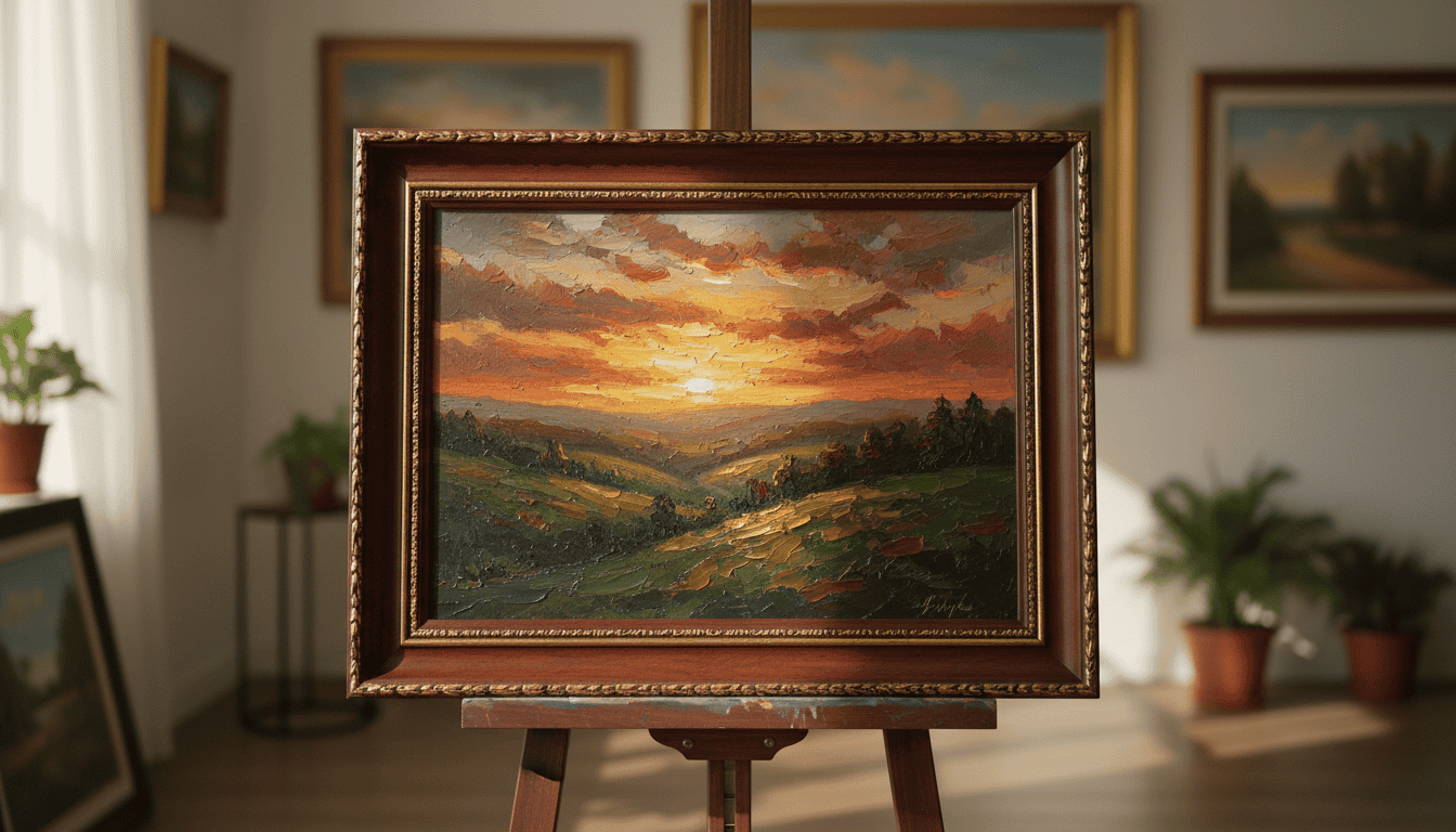 Sunset landscape canvas print with a decorative frame, perfect for home decor and art lovers.