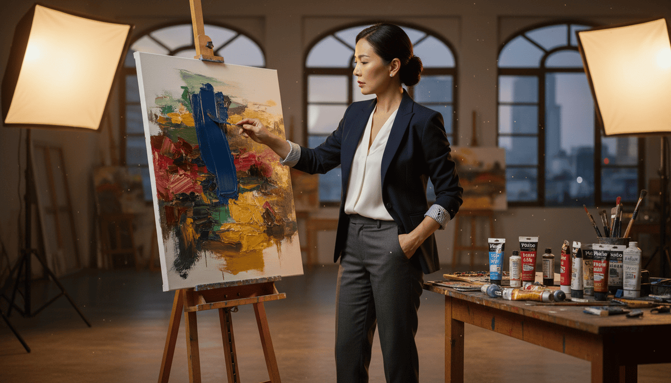 Woman painting on canvas in art studio, showcasing vibrant home decor artwork.