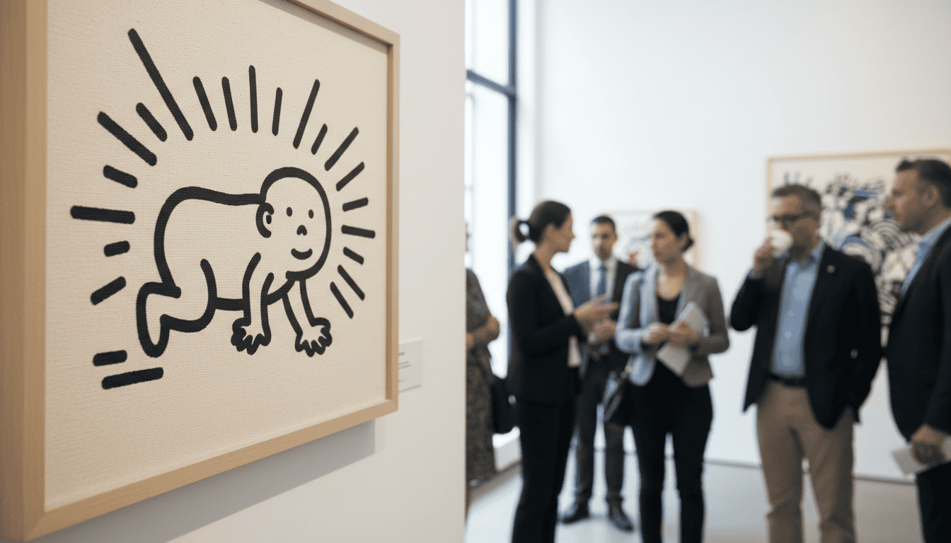 A high-resolution, close-up photograph of a Keith Haring "Radiant Baby" print on heavy cotton canvas, showing the thick, vibrant black ink lines and the texture of the 380 GSM substrate in a well-lit modern gallery setting. A high-resolution, close-up photograph of a Keith Haring "Radiant Baby" print on heavy cotton canvas, showing the thick, vibrant black ink lines and the texture of the 380 GSM substrate in a well-lit modern gallery setting.