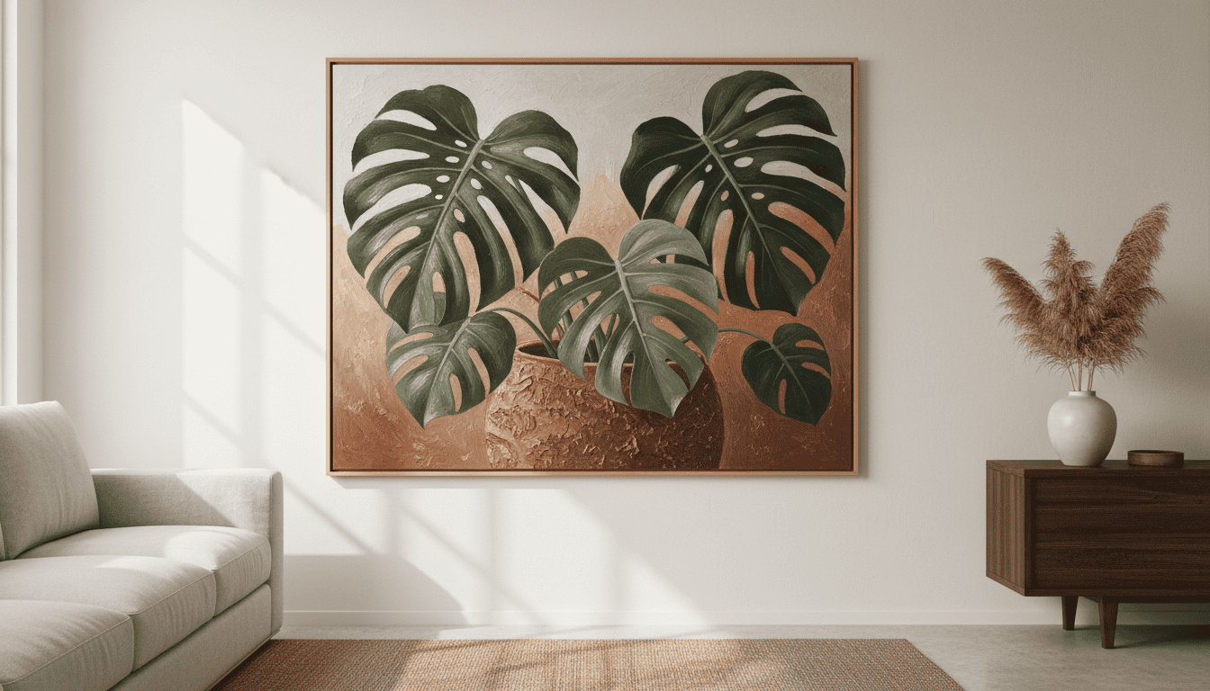 Large framed monstera leaf wall art in a contemporary living room setting.