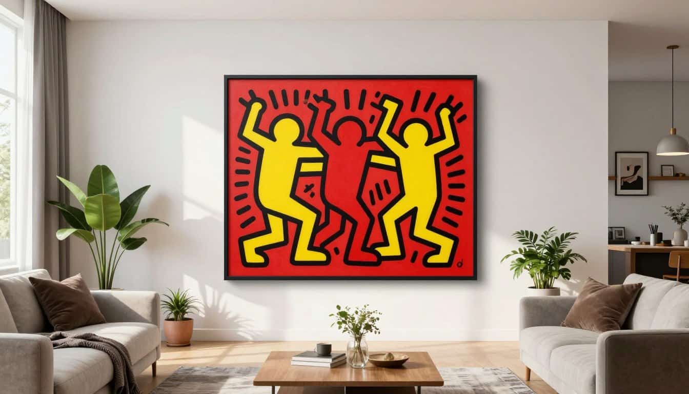 A high-resolution interior shot of a modern living room featuring a large, vibrant Keith Haring canvas print with bold red and yellow figures, museum-quality texture, displayed on a clean white wall with natural sunlight. A high-resolution interior shot of a modern living room featuring a large, vibrant Keith Haring canvas print with bold red and yellow figures, museum-quality texture, displayed on a clean white wall with natural sunlight.