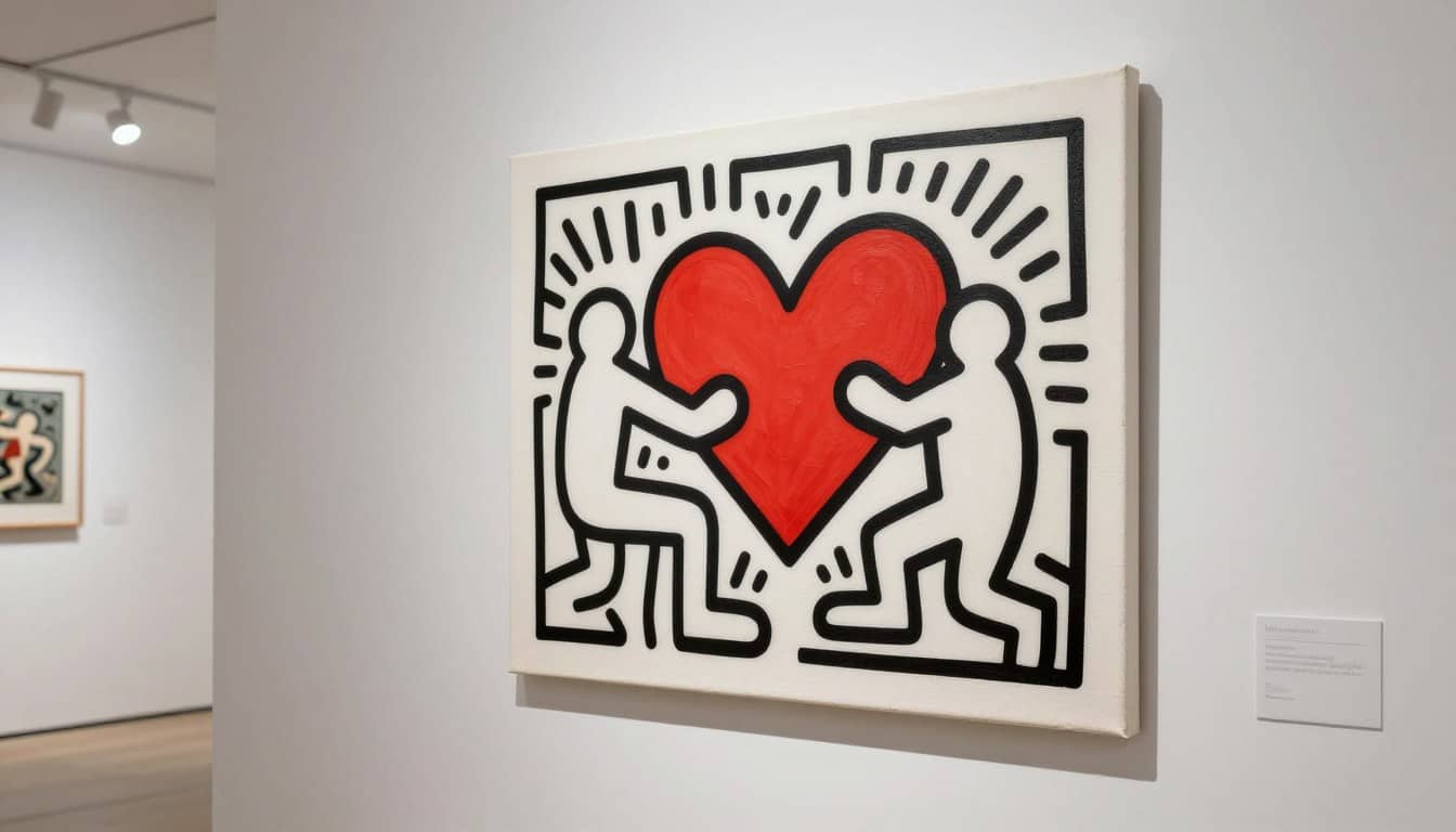 Keith Haring inspired wall art featuring two figures holding a red heart, vibrant and energetic desi.