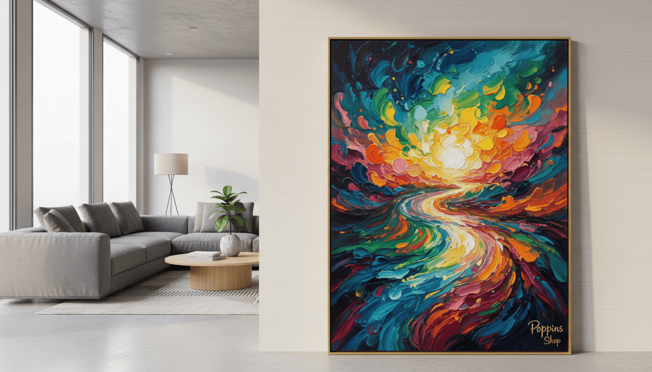 A hyper-realistic 3D rendering of a hand-painted canvas art piece displayed in a modern living room. In the foreground, the canvas showcases vibrant colors blending harmoniously, featuring abstract shapes that inspire creativity and balance. The middle layer includes a stylish frame that complements the art, resting against a muted textured wall. In the background, a tastefully decorated room with soft, natural light filtering through large windows illuminates the scene, casting gentle shadows. Subtle decor elements like potted plants and minimalist furniture enhance the atmosphere, evoking a calm and inviting vibe. Emphasize details such as brush strokes and texture on the canvas to highlight its hand-painted quality. The artwork is from "Poppins Shop." Vivid abstract painting for modern wall decor, balancing colors and enhancing interior design.