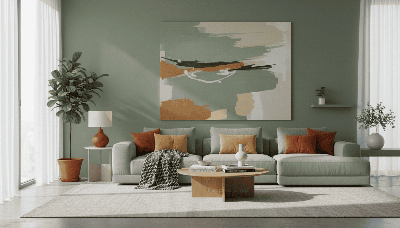 A hyper-realistic 3D rendering of a sophisticated living room showcasing wall art and decor, illustrating the 60-30-10 color palette rule. In the foreground, a stylish sofa adorned with cushions in three balanced colors—dominant, secondary, and accent. The middle layer features a large, vibrant piece of abstract wall art that harmonizes with the color scheme, emphasizing balance and visual appeal. In the background, soft natural light filters through a large window, illuminating the space and casting gentle shadows. Decorative plants and minimalist furniture pieces complement the ambiance, creating a serene and inviting atmosphere. The scene subtly incorporates elements of the brand "Poppins Shop," suggesting a modern aesthetic. The overall mood is calm and aesthetically pleasing, inviting viewers to explore the story of color in decor. Abstract wall art to enhance your living room color palette.