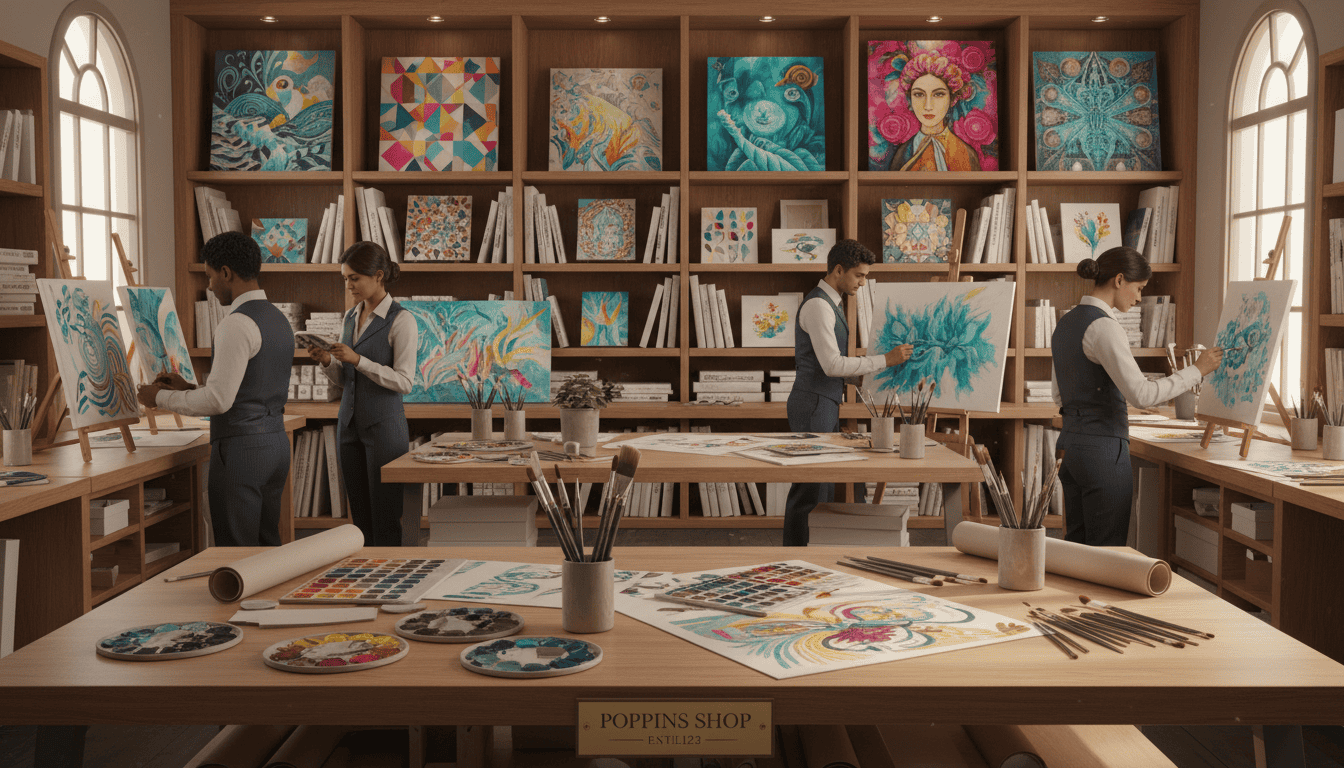 A hyper-realistic 3D rendering of a sophisticated workshop, showcasing the craftsmanship behind the “Poppins Shop” atelier. In the foreground, elegant wooden tables are neatly arranged with vibrant paint palettes, high-quality brushes, and intricate sketches of wall art designs. The middle ground features artisans in professional attire, carefully working on canvases, with their focused expressions reflecting their dedication. In the background, shelves display a stunning collection of finished artworks in various styles and vibrant colors, contrasting beautifully with the warm, soft lighting that bathes the scene, highlighting textures and details. The atmosphere conveys a sense of creativity, passion, and meticulous craftsmanship, inviting viewers to appreciate the artistry involved in producing beautiful home decor. Colorful wall art and decor for inspiring creative spaces.