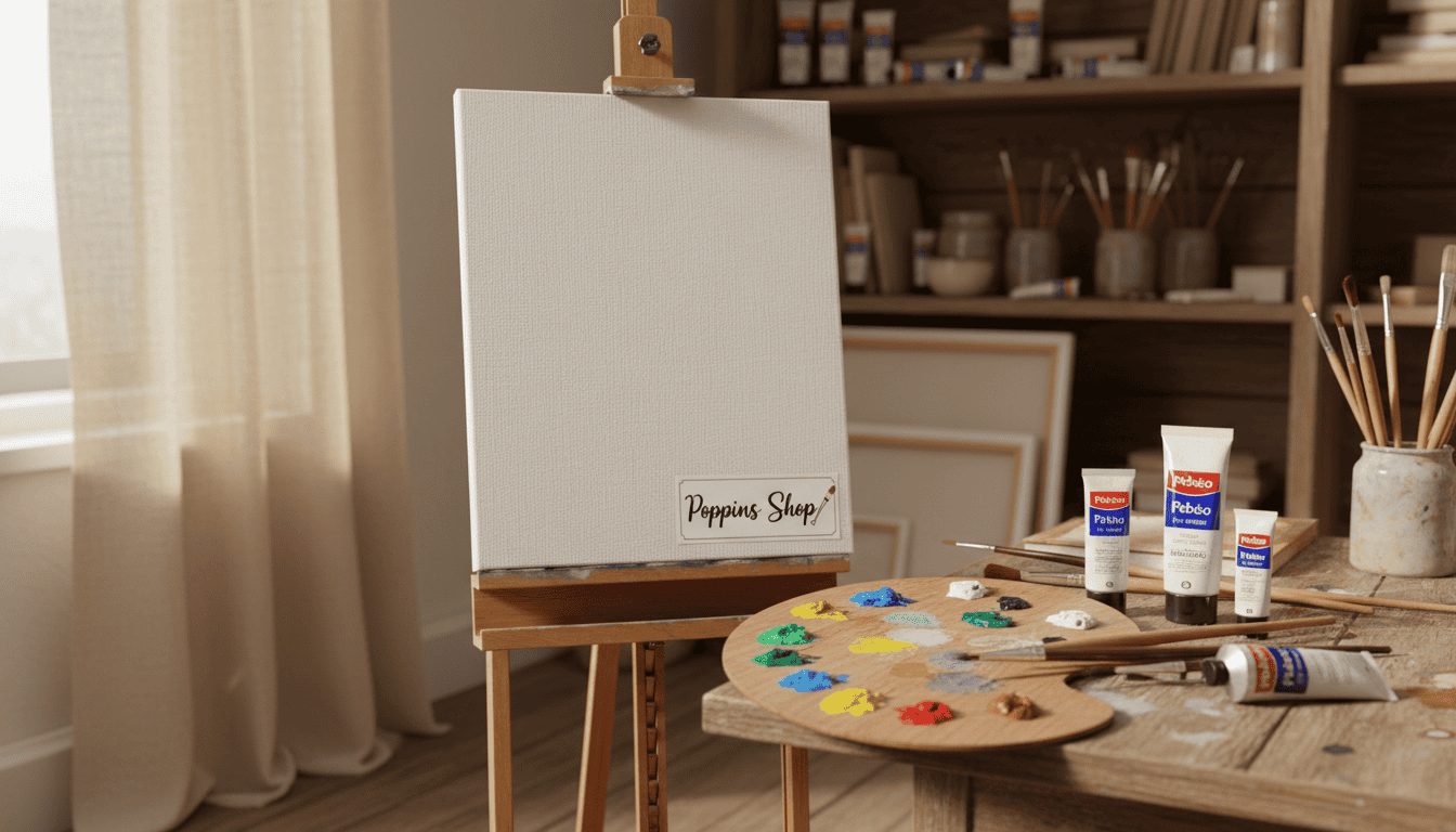 A hyper-realistic 3D rendering of an artist's canvas set against a softly lit studio backdrop, showcasing a rich array of French Pébéo oil paints in vibrant hues. In the foreground, a blank canvas stands on an easel, featuring a subtle texture that invites creativity. The middle ground displays an organized palette filled with various colors and brushes, while a few paint tubes are casually arranged nearby, hinting at a joyful artistic process. The background includes blurred shelves lined with art supplies, creating a warm and inviting atmosphere. Soft, diffused natural light filters through a nearby window, casting gentle shadows and enhancing the rich colors. The entire scene embodies a sense of inspiration and creativity, ideal for the theme of art and decor. Highlight the brand "Poppins Shop" subtly integrated into the arrangement without being overwhelming. Canvas art setup with paint palette and brushes in a cozy studio space.