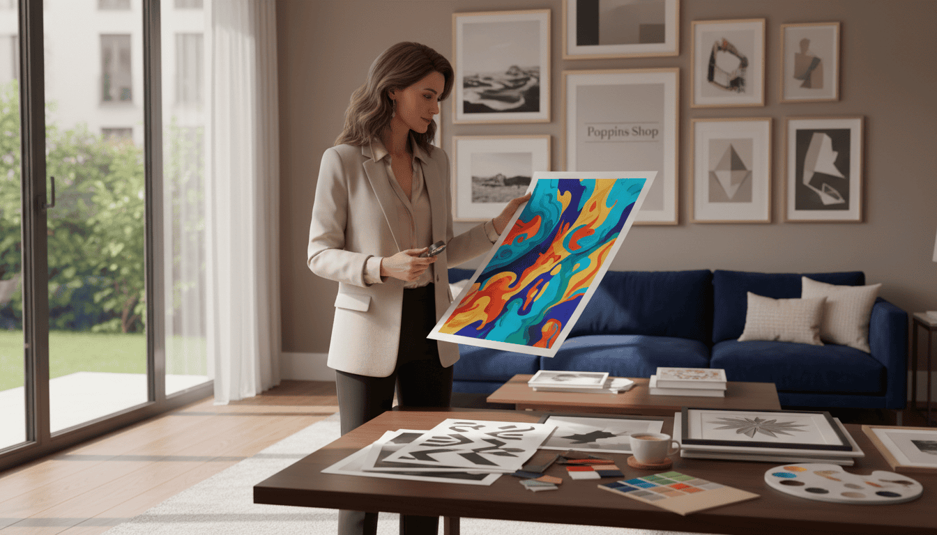 A hyper-realistic 3D rendering of an elegant interior art evaluation scene in a chic home environment. In the foreground, a sophisticated individual dressed in smart casual attire examines a vibrant art print featuring abstract colors, captivated by its details. In the middle ground, a stylish wooden table holds a selection of various art prints, a color palette, and swatches thoughtfully arranged. Soft natural light filters through large windows, casting gentle shadows and creating a warm atmosphere. The background features sophisticated wall art displays, complementing a harmonious color palette of soft pastels and deeper jewel tones. The space conveys an inviting and creative mood, ideal for evaluating art to enhance home decor. Poppins Shop branding subtly incorporated into the art display. Woman examining colorful abstract wall art in modern living room setting.