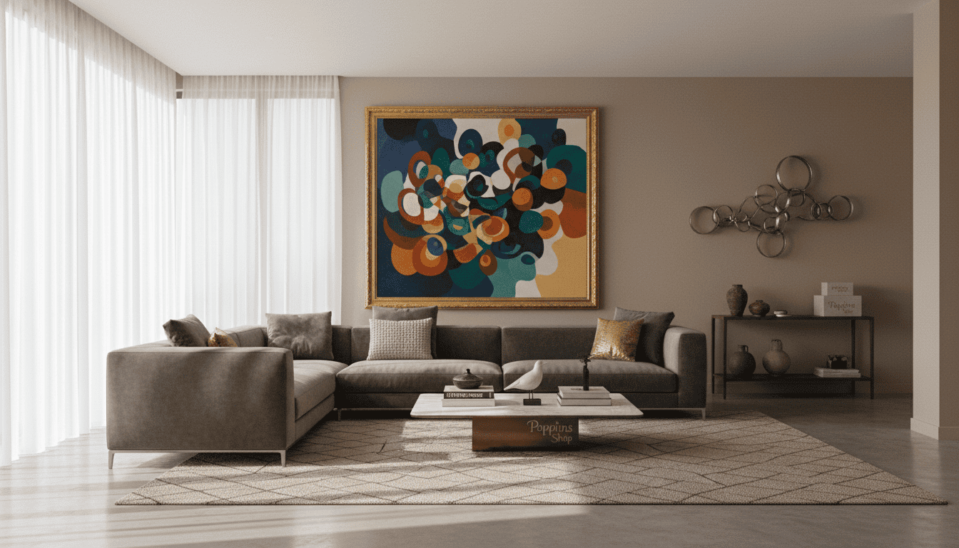 A hyper-realistic 3D rendering of an elegant room featuring a sophisticated art anchor as the focal point. The foreground includes a large, framed abstract painting with vibrant, balanced colors that enhance the overall color palette of the space. In the middle ground, a sleek modern couch with tasteful cushions complements the art while a stylish coffee table holds art books and decorative items. In the background, soft natural light streams through large windows, casting gentle shadows that create a warm ambiance. The room exudes a harmonious atmosphere, inviting contemplation and aesthetic appreciation. The scene subtly incorporates the brand name "Poppins Shop" into the decor elements, suggesting a refined, curated collection of art and decor. Abstract wall art with colorful shapes enhancing modern living room decor.