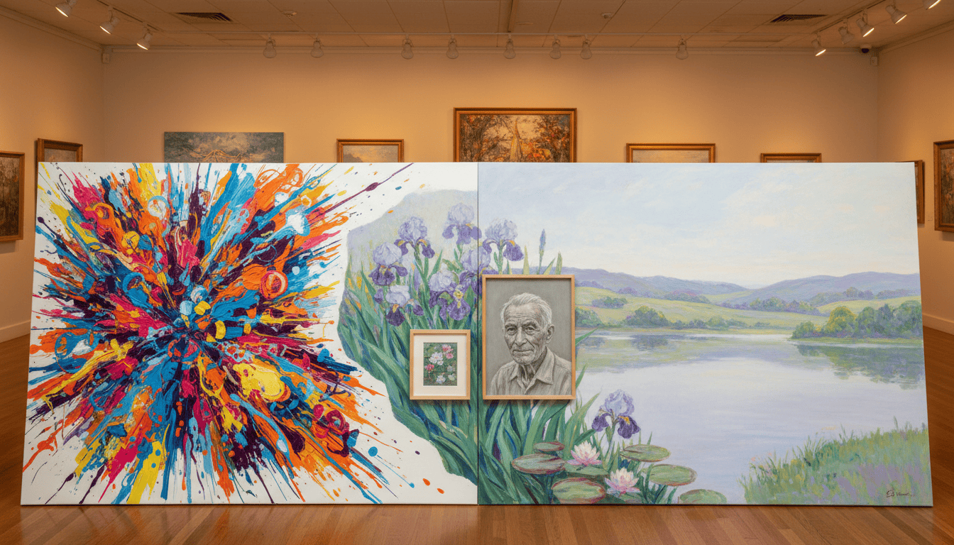 Colorful abstract and serene landscape canvas wall art for home decor.